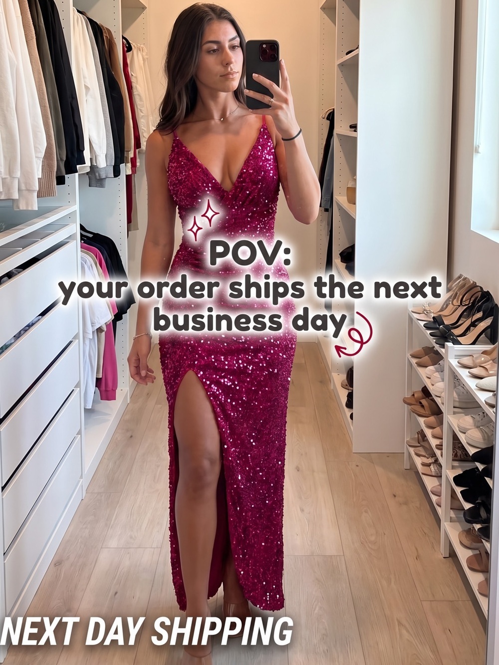 Pink Sequin Bodycon Gown with Plunge Neckline